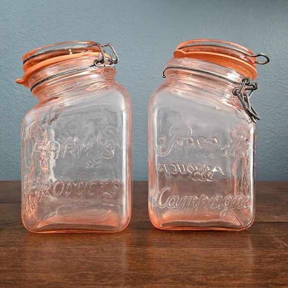Products de Campagne Other - 2 Vintage Pink Glass FARM'S PRODUCTS Slant Top Canisters Mason Jars Italy READ